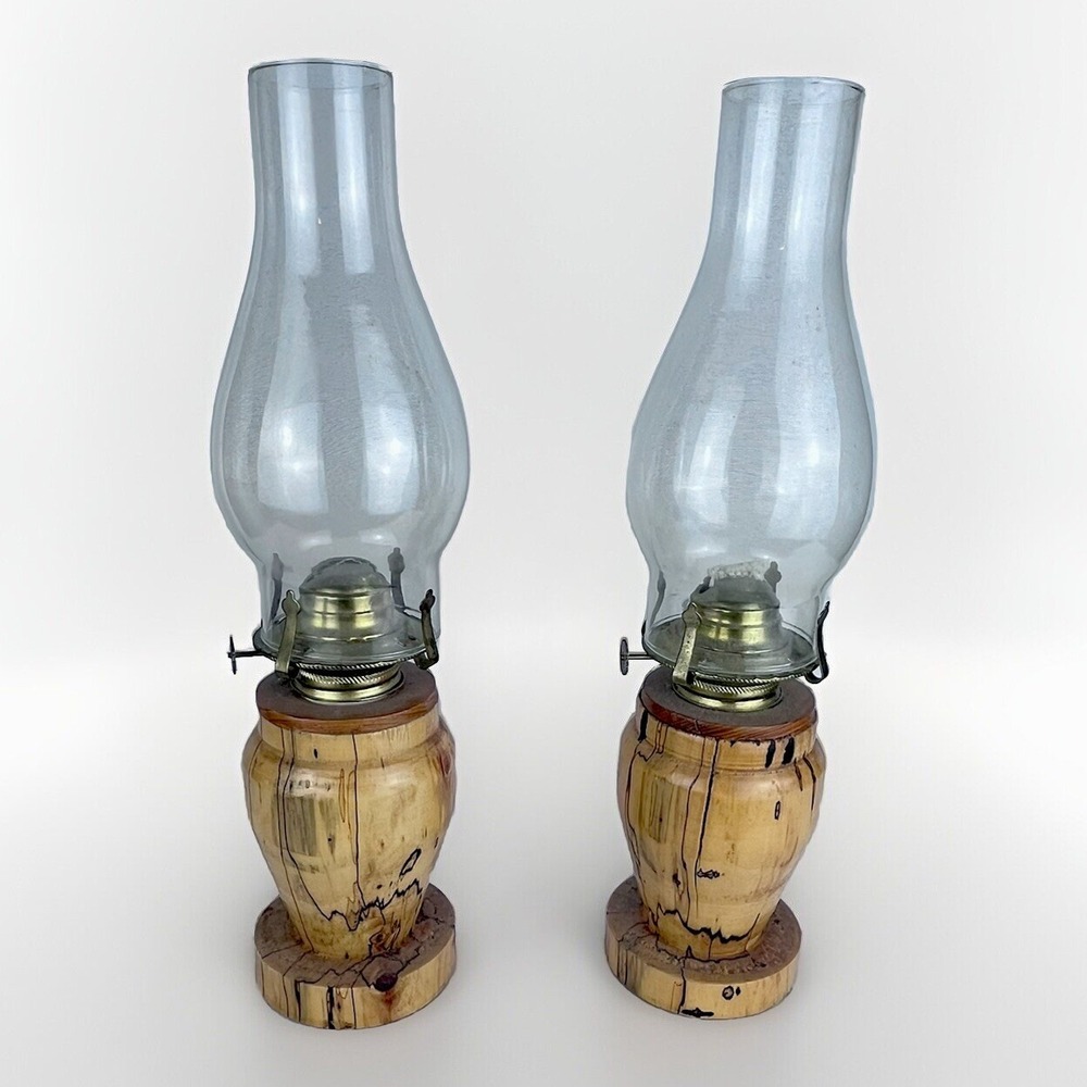 Vintage Wood Oil Lamp Lamps With Removeable Canister & Clear‎ Glass Chimney 2
